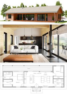 the floor plan for a modern house with two living areas and an open concept kitchen