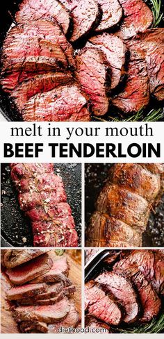 beef tenderloin being cooked in a skillet with the words melt in your mouth