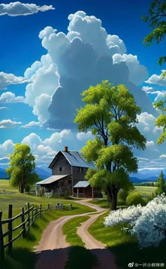 a painting of a country road leading to a house with a large cloud in the sky