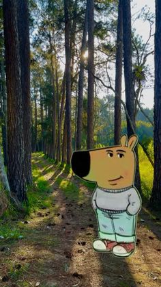 a cartoon dog standing in the middle of a forest