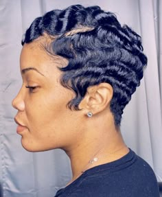 Deep Fingerwaves Hairstyles, Finger Waves And Pin Curls Black Women, Pixie Cut Finger Waves Black Women, Fingerwaves Short Hair Black, Fingerwaves Short Hair Black Pixie Cuts, Finger Waves For Black Women, Finger Waves Short Hair, Healthy Relaxed Hair, Short Relaxed Hairstyles