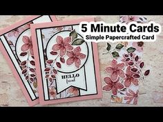 three cards with pink flowers on them and the words 5 minute cards written in white