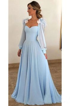 Ballkleider Chiffon Lange Ärmel Schlichtes Abendkleid डिजाइनर कपड़े, Modest Formal Dresses, Light Blue Prom Dress, Winter Formal Dresses, Long Sleeve Prom, Graduation Dresses, Sweetheart Prom Dress, Blue Evening Dresses, Chiffon Evening Dresses