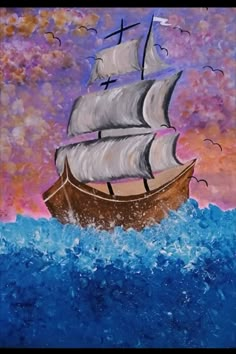 a painting of a boat in the ocean