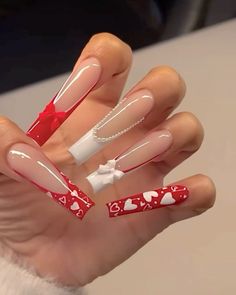 Cherry French Tip Toes, Nail Inspo Summer French Tip, Acrylic Nails Baddie Aesthetic, Cartoon French Tip Nails, Valentines Nails Extra, Initial Nails Valentines Day, Lola Bunny Nails, Red Nails Christmas Holidays, Dramatic Nails Acrylic