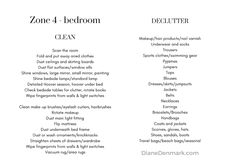 the zone 4 bedroom clean list is shown in black and white, along with other items