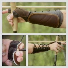 four pictures of someone holding an archery bow