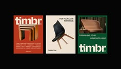 three magazine covers with different furniture on the front and back cover, including a chair