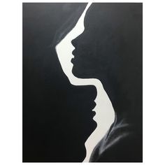 a black and white painting of two women's faces with their heads facing each other