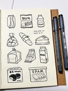 an open notebook with doodles on it and various food items in the pages next to each other