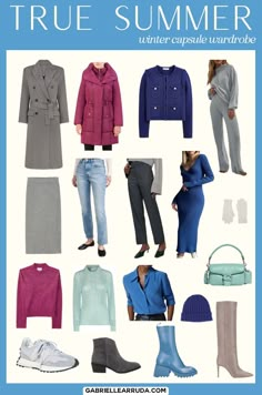 Discover the ultimate winter style inspiration with our curated collection of capsule wardrobes tailored to each of the 12 seasonal color analysis palettes. Including winter capsule wardrobe for Dark Autumn, True Autumn, Soft Autumn, Soft Summer, True Summer, Light Summer, Light Spring, True Spring, Bright Spring, Bright Winter, True Winter, and Dark Winter. Including the seasonal color palette examples and shopping pieces. #winterwardrobe #wintercapsules #seasonalcolor Soft Dramatic True Summer, Capsule Wardrobe True Summer, True Summer Work Outfits, True Summer Winter Outfits, True Summer Outfits Inspiration, True Summer Capsule, True Summer Capsule Wardrobe, True Summer Color Palette Outfits, Muted Wardrobe