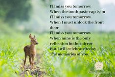 a small deer standing in the middle of a field with a poem written on it