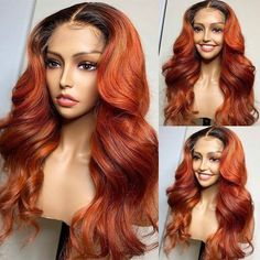 Orange Wig, Hair Colorful, Natural Hair Extensions, Brunette Color, Wig Human Hair, Colored Wigs, Body Wave Wig, Dark Roots, Lace Closure Wig