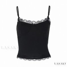 Lasaky - Lace Trimmed Camisole Tank Top for Layering Black Cotton Cami Vest, Casual Black Vest With Spaghetti Straps, Black Tank Top Vest Camisole, Black Tank Camisole, Black Cotton Camisole Vest, Fitted Denim Shirt, Tank Top Straps, Fit Couples, Layering Outfits