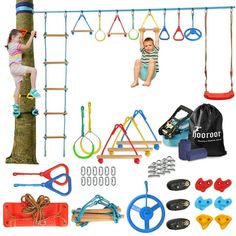 there is a child climbing on a tree with toys and other items around the tree