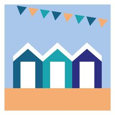 three beach huts with bunting flags in the background