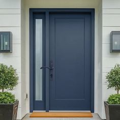 a blue front door with two planters on either side and one potted planter next to it