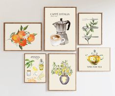 four framed art pieces displaying different types of coffee and oranges on the wall above them