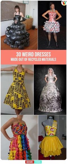 several different types of dresses made out of recycled materials are featured in this collage