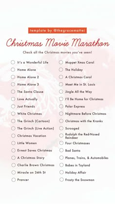 the christmas movie marathon list is shown