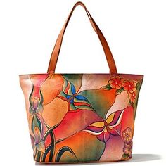 Anuschka Zip Top Hand Painted Leather Large Tote Bag.  I love this bag!  I carry it everywhere! Boho Handbag, Handpainted Bags, Painted Bags