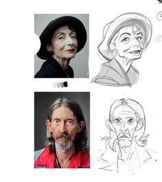 some drawings of people with hats on and one man in the process of drawing them