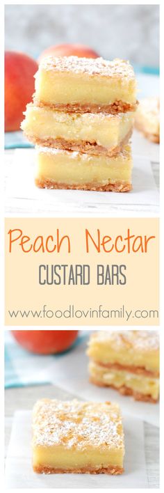 peach nectar custard bars stacked on top of each other with the words peach nectar custard bars below