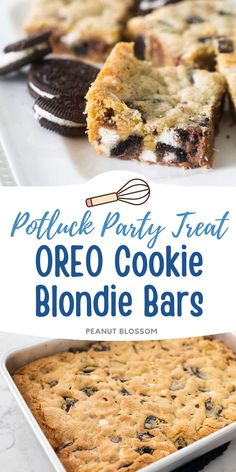 an oreo cookie blondie bar with chocolate chips and cookies on top, in front of