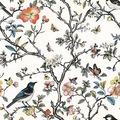 two birds are sitting on the branches of a tree with flowers and butterflies in it