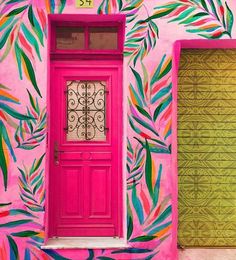 a bright pink door and window in front of a colorful wall with palm leaves painted on it