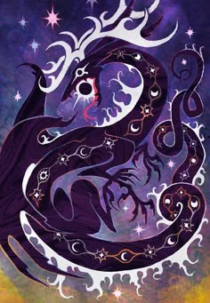 a drawing of a dragon with stars and moon in the sky, on a purple background