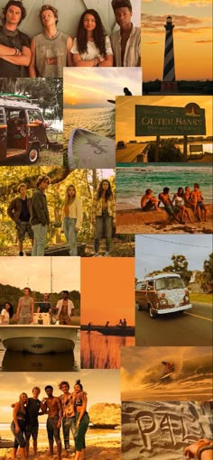 the collage shows many different people and vehicles in front of an orange sky with clouds