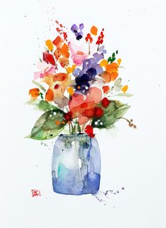 a watercolor painting of flowers in a blue vase on a white background with red, orange, and purple colors