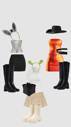 four different types of hats and boots on display in front of a white background,