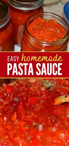 homemade pasta sauce in jars with spoons on the side and text overlay that reads easy homemade pasta sauce