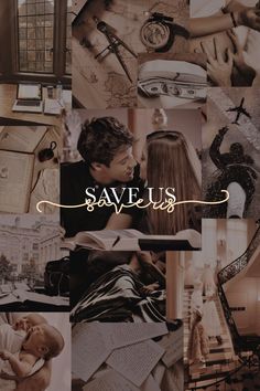 a collage of photos with the words save us written in cursive writing