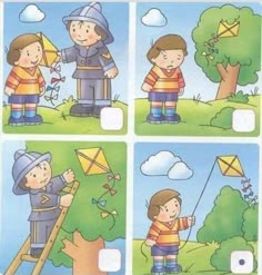 four pictures of children playing with kites in the park, one boy is on a ladder