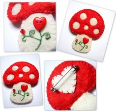 four different pictures of red and white buttons with flowers on them, one has a heart in the middle