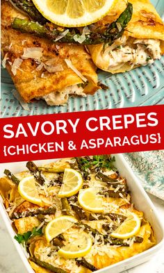 savory crepes with chicken and asparagus in a casserole dish