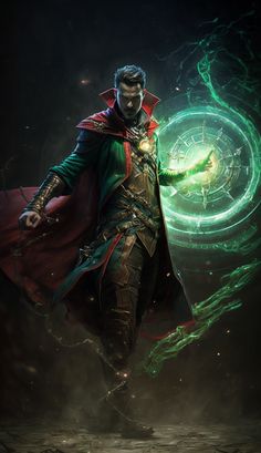 an image of a man with a green ring in his hand and wearing a red cape