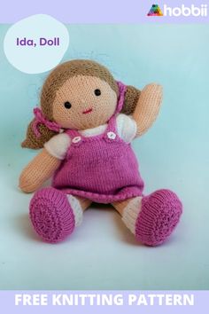 a knitted doll sitting on the ground with a thought bubble above it that says, free knitting pattern