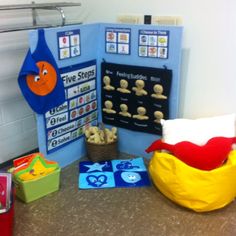 the table is set up to be used as a classroom setting for children's learning