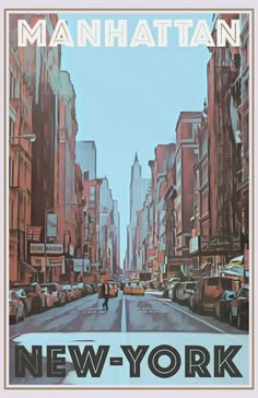 a painting of a city street with cars and pedestrians