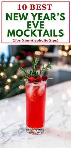 Bright red non-alcoholic mocktail garnished with fresh cranberries and rosemary, served in a tall glass with ice. Festive drink perfect for New Year's Eve celebrations, holiday parties, and family-friendly gatherings. Refreshing, easy-to-make mocktail idea for a fun and classy celebration.