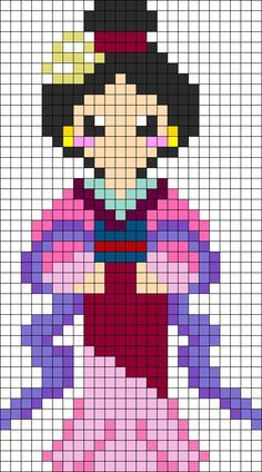 a cross stitch pattern with an image of a woman wearing a purple dress and red scarf