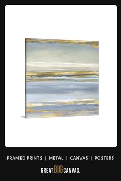 an abstract painting with white and blue colors on the canvas, framed in black frame