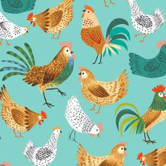 a bunch of chickens and roosters on a pink background