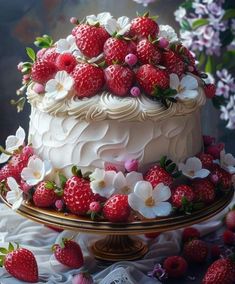 a cake with white frosting and strawberries on the top is surrounded by flowers