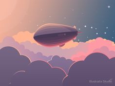 an illustration of a large balloon flying through the sky above clouds with stars in the background