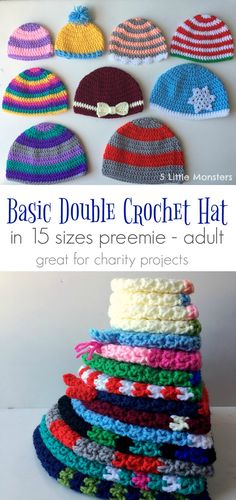 crochet hat pattern with the words basic double crochet hat in 15 sizes pre